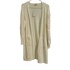 Cream Open Front Cardigan with Embellished Sleeves